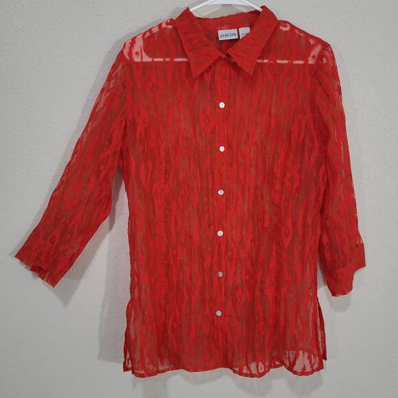 Chicos Womens Shirt Size Chicos 2 Standard Large 12 Red Button Front Sheer - Picture 1 of 13